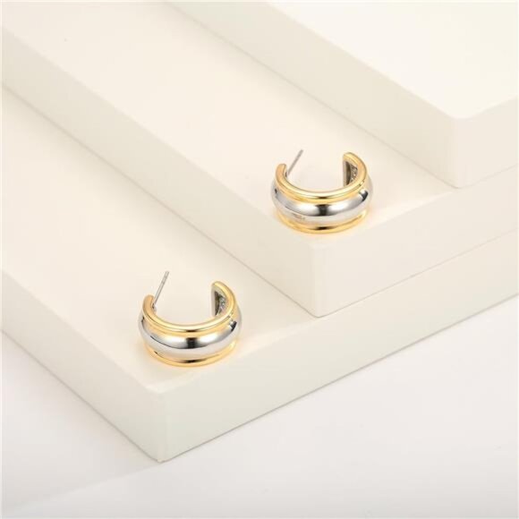 Two-Tone Wide Hoop Earrings | Gold & Silver Chunky Lightweight Open Hoops - Picture 4 of 5